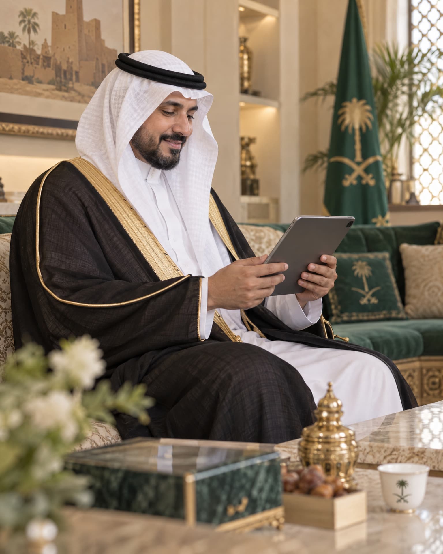 مأذون أنكحة يوثّق عقد القران من جهازه اللوحي في مجلس سعودي